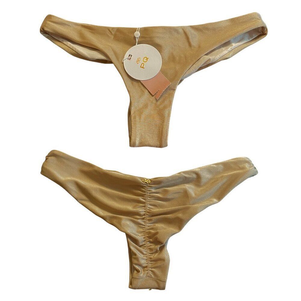Pilyq Cliff Gold Basic Ruched Back Teeny Bikini Bottom Sz. L NWT